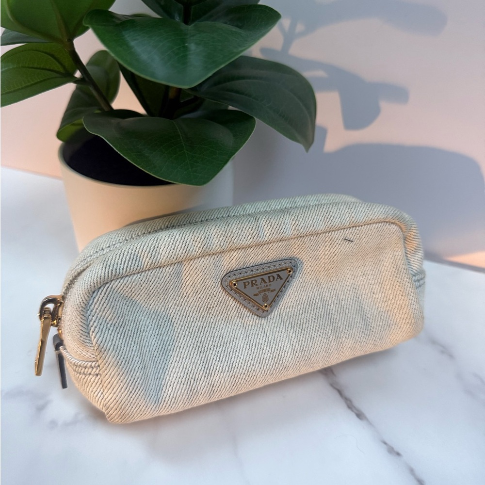 Prada Gold-Tone Triangle Logo Denim pouch